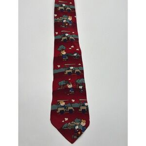 Peanuts Charlie Brown Snoopy Golf Silk Tie Burgundy Red Vintage Made in USA
